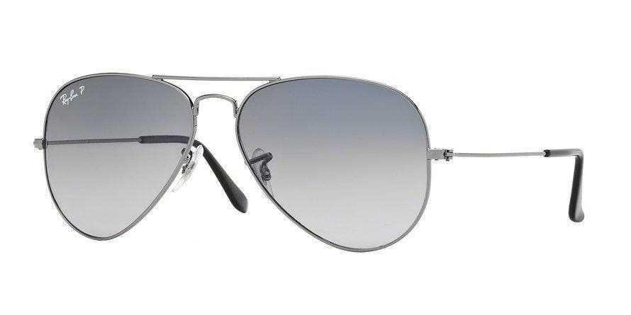 men's ray-ban sunglasses: Ray-Ban RB3025 Aviator with a Gunmetal colored frame and Crystal Polarized Blue Gradient Grey lenses