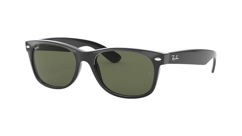 Ray-Ban RB2132F New Wayfarer Black 58 Eyesize (Low Bridge Fit) sunglasses with crystal green lenses (quarter view)