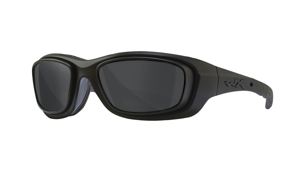 Wiley X Gravity Matte Black W/ RX Adaptors sunglasses with smoke grey lenses (quarter view)