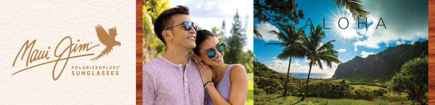 Man and Woman wearing Maui Jim sunglasses on face in Maui