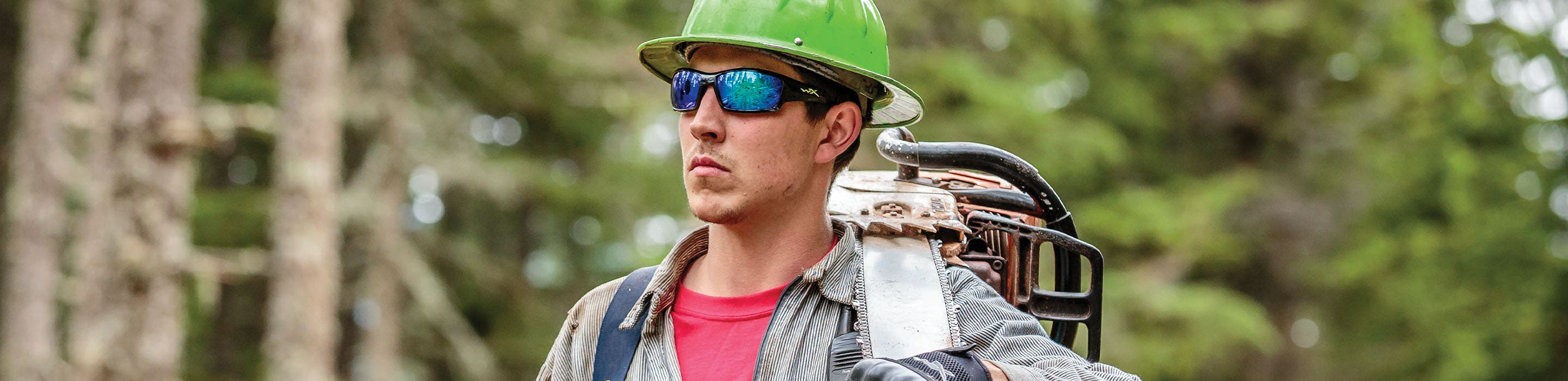 A man in safety sunglasses wearing a green hard hat stands in a forest.