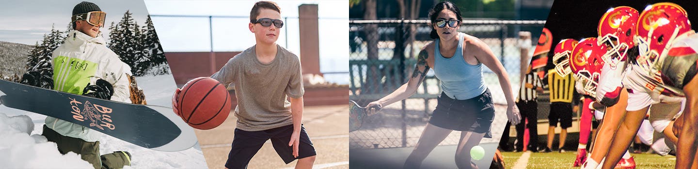 Athletes in sports goggles for basketball, pickleball, football and skiing are shown playing their sports in goggles.