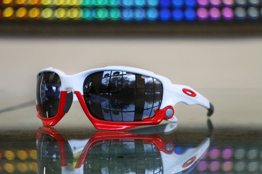 Oakley True Digital Technology in a white and red Oakley Racing Jacket sunglasses