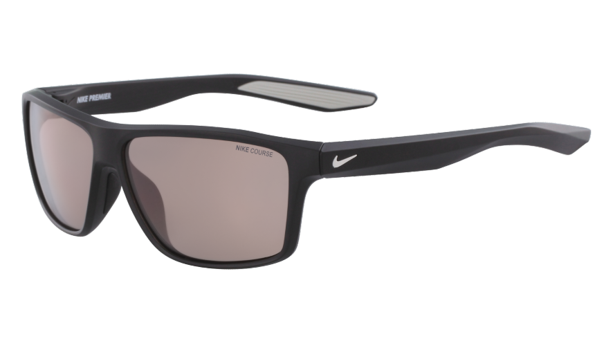 Nike Premier sunglasses with black frame, rubberized temple grips, rose tinted lenses, and the Nike swoosh logo