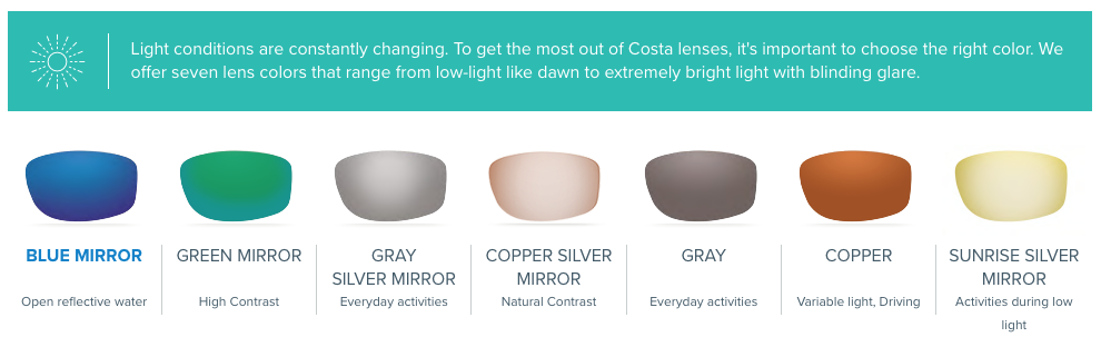 Costa Lens Color Guide & Chart, Find Your Lens!