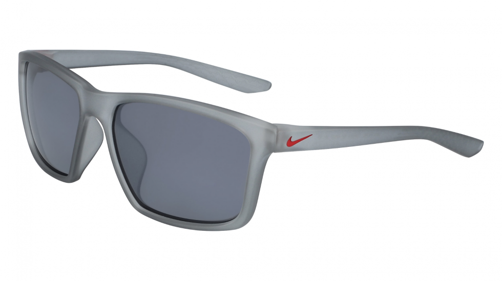 Nike Valiant athleisure lifestyle sunglasses with grey translucent frame, grey lenses, and the red Nike swoosh logo
