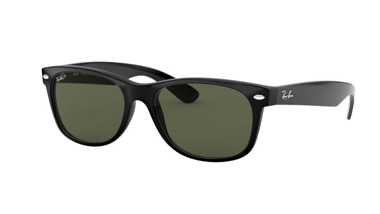 The stylish sunglasses for high prescription, theRay-Ban New Wayfarer in Black with Crystal Green Polarized lenses