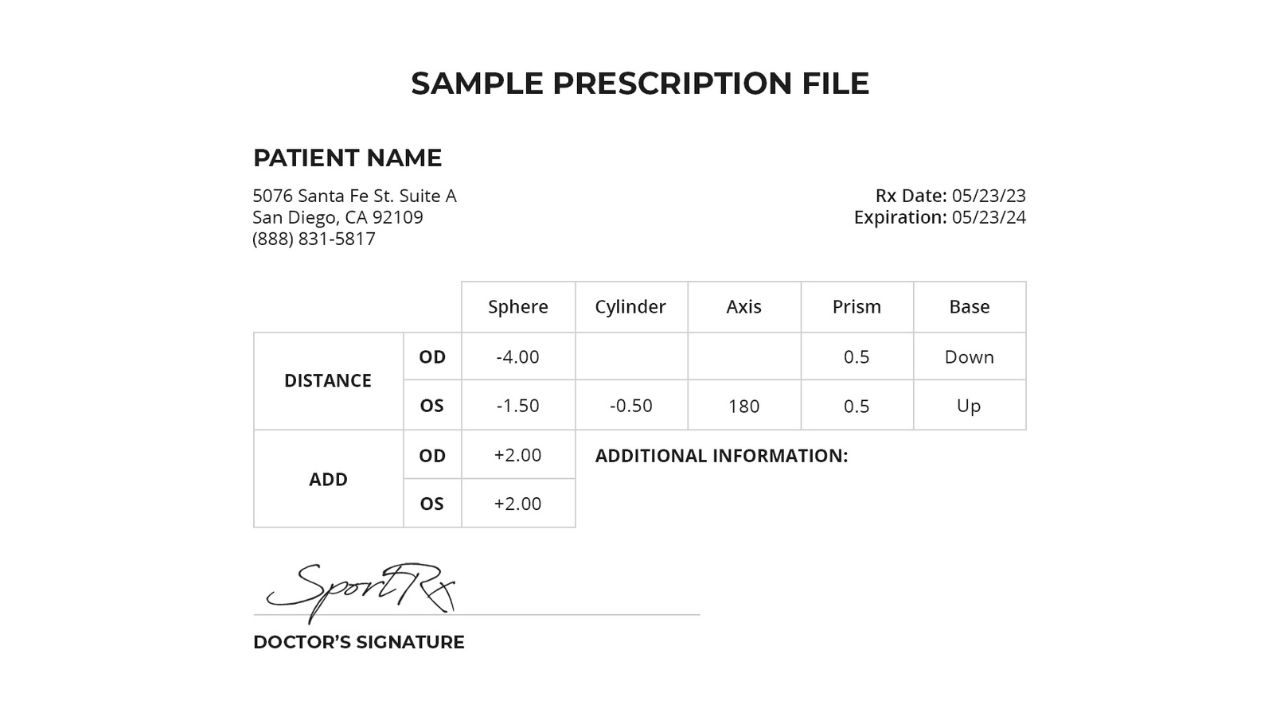 glasses prescription chart of sample prescription
