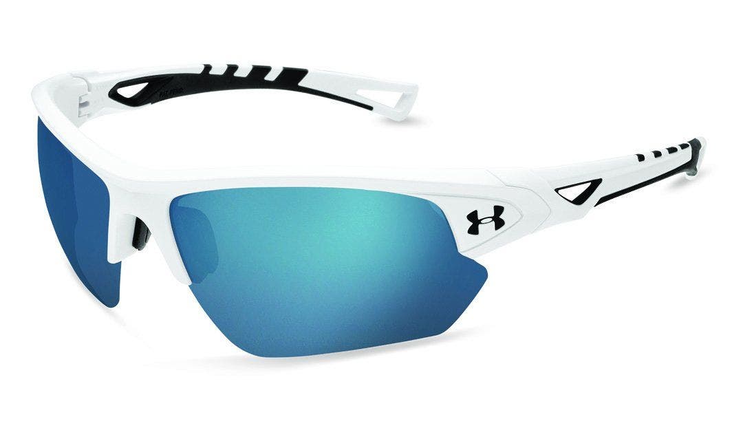 Under Armour Octane Tuned in satin white with black rubber in baseball tuned blue lenses
