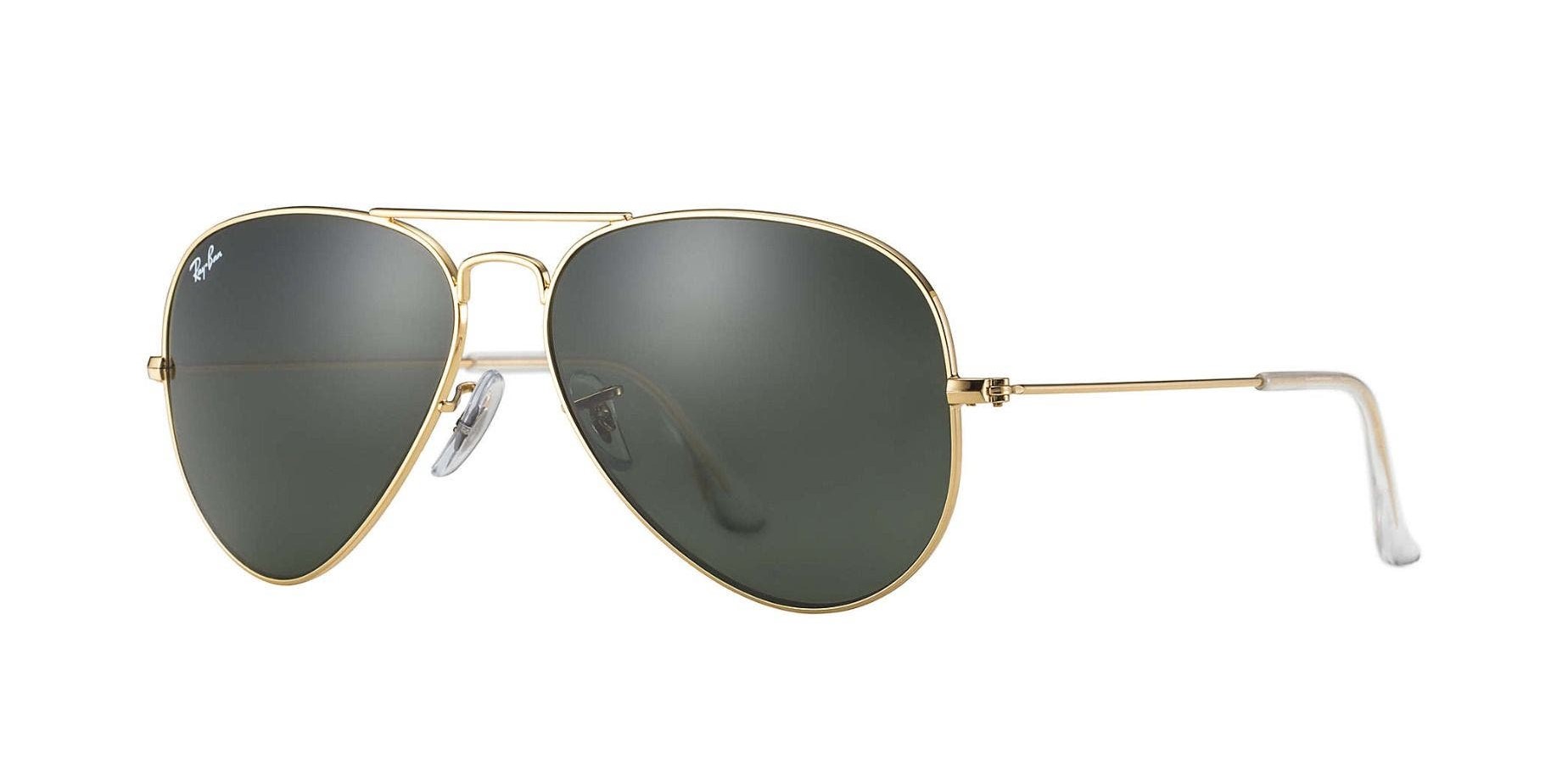 Ray-Ban RB3025 Aviator Sunglassese Gold Metal Frame with Crystal Green G-15 Lenses and Clear Temple Tips