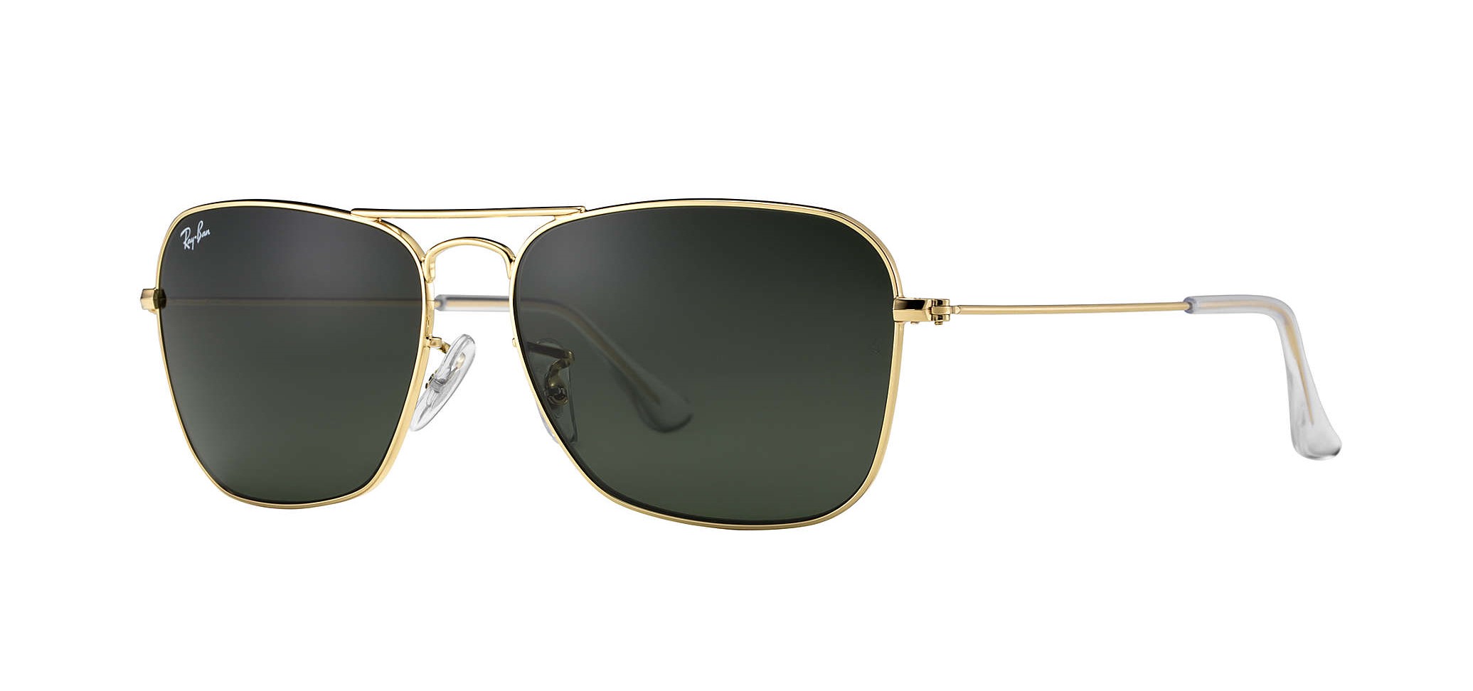 Ray-Ban RB3136 Caravan Sunglasses Gold Metal Frame with Crystal Green G-15 Lenses and Clear Temple Tips