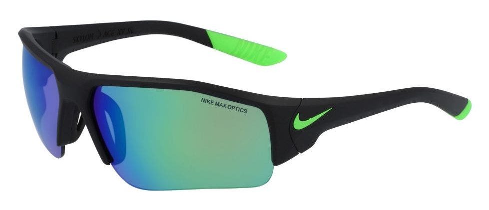 Nike Skylon Ace XV Jr kids' sport sunglasses in black with green mirror lenses.