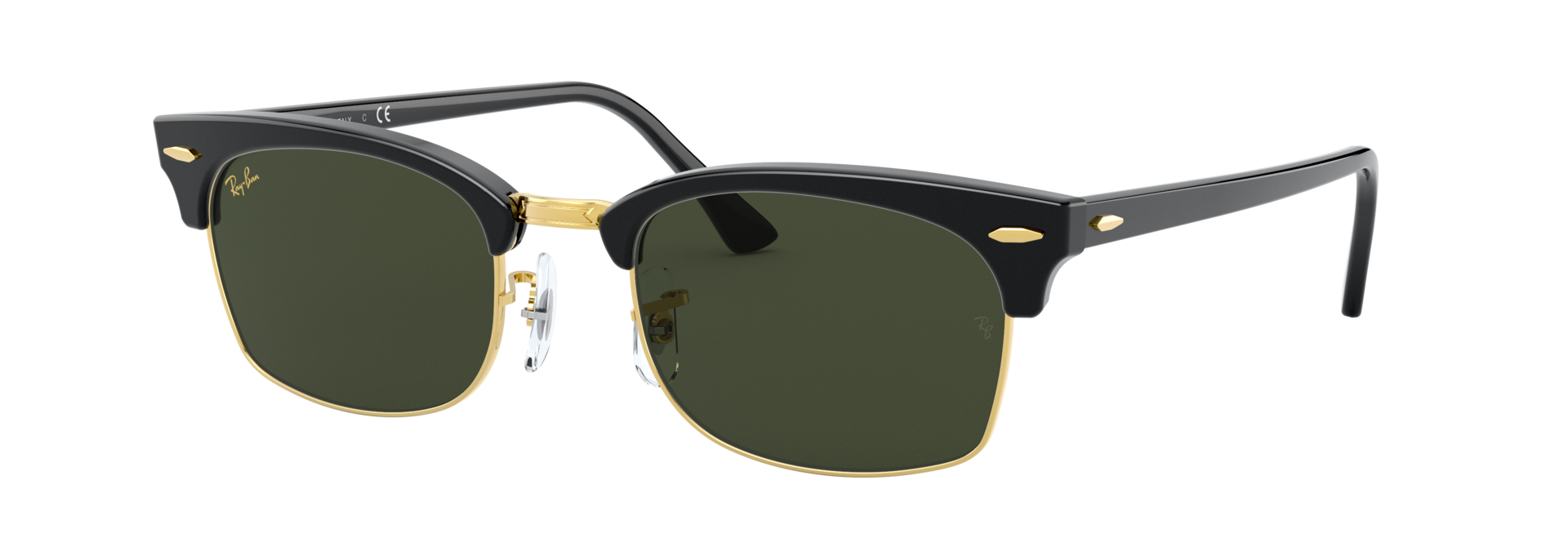 Ray-Ban RB3916 Clubmaster Square Sunglasses in Shiny Black with Green G-15 Lenses and Gold Ray-Ban Logo