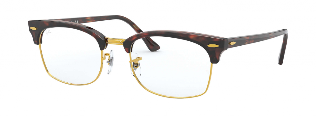 Ray-Ban RB3916V Clubmaster Square eyeglasses with clear lenses, gold metal frame, and brown acetate browline