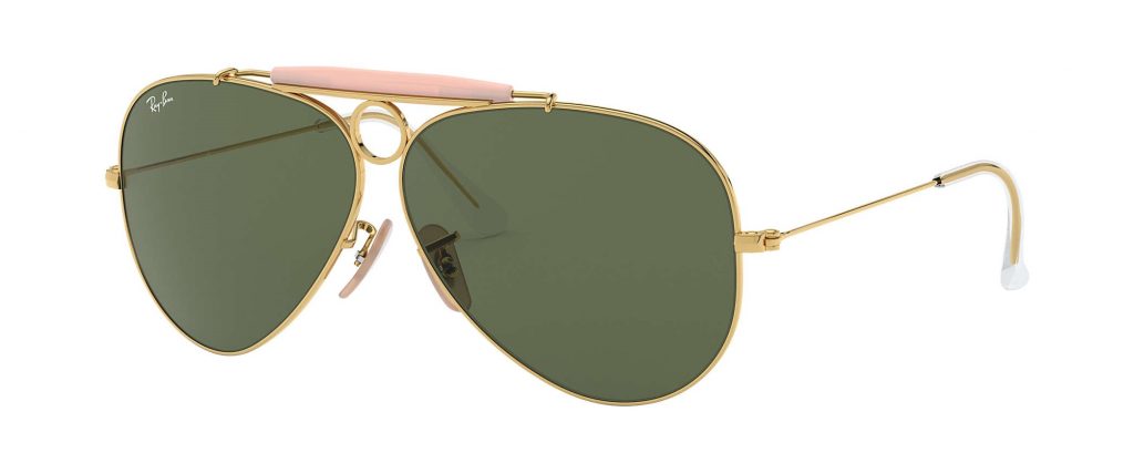 Ray-Ban Aviator Collection RB3138 Shooter sunglasses in gold with green g-15 lenses and peach sweat bar