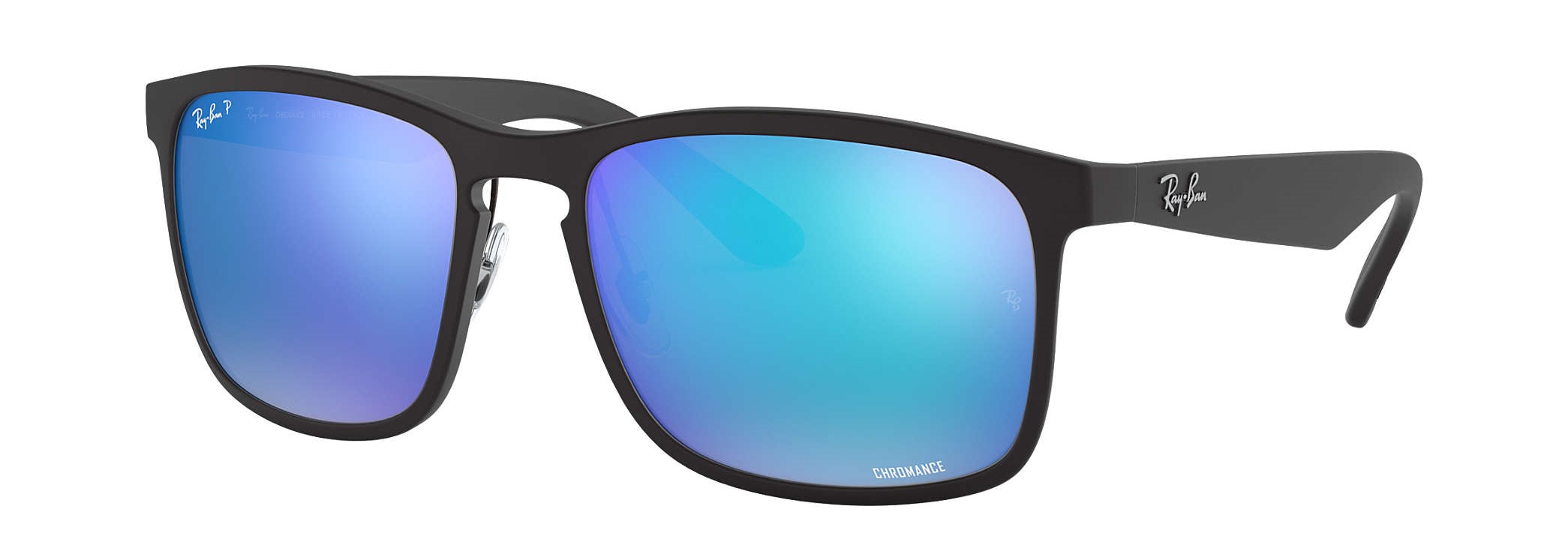 Ray-Ban Gift Guide featuring the RB4264 Chromance sunglasses in matte black with square blue flash lenses