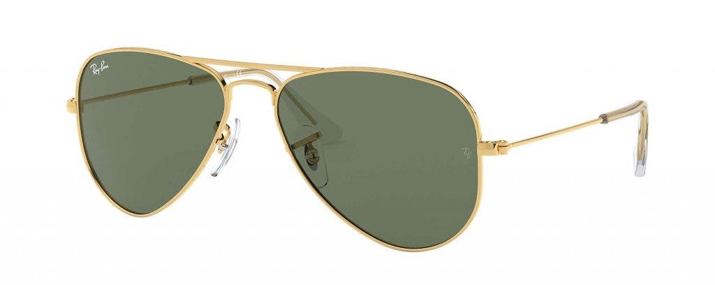 Ray-Ban Holiday gift guide featuring kids aviators rj9506s junior aviator in gold with green lenses