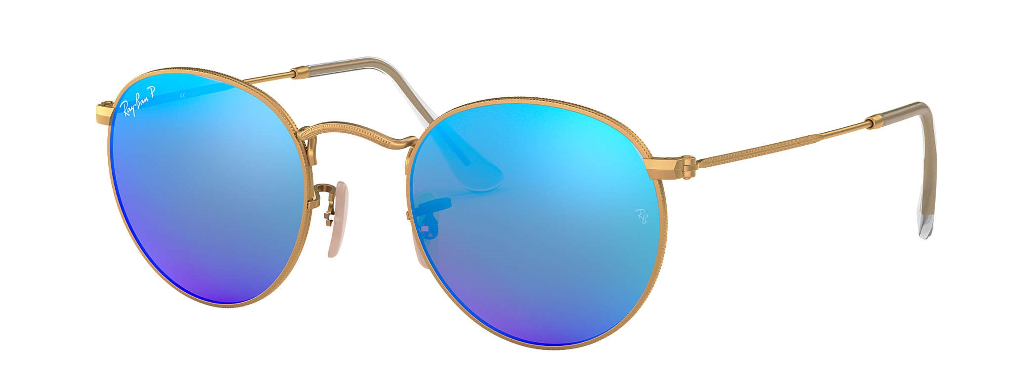 ray-ban round sunglasses rb3447 in matte gold with blue mirror lenses