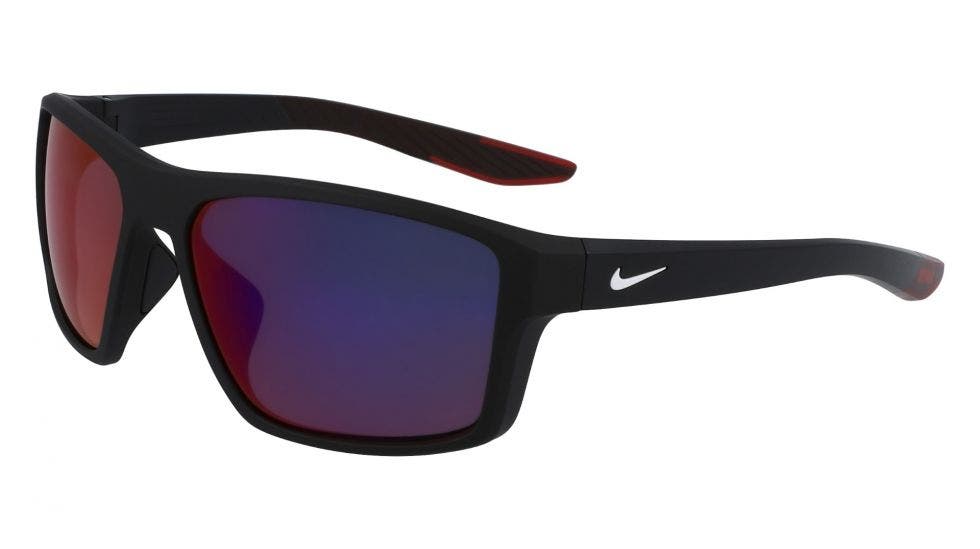 Nike Brazen Fury sunglasses with black frame, translucent red temples, red lenses and the Nike swoosh logo