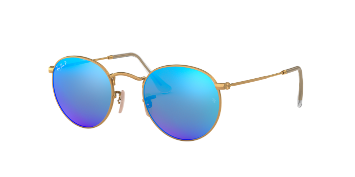 Women's Ray-Ban Sunglasses: Ray-Ban RB3447 Round Metal in Matte Gold with Blue Mirror Polarized lenses