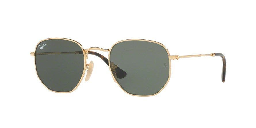 women's Ray-Ban sunglasses: Ray-Ban RB3548N Hexagonal in Gold with Tortoise Temple Tips and Green lenses