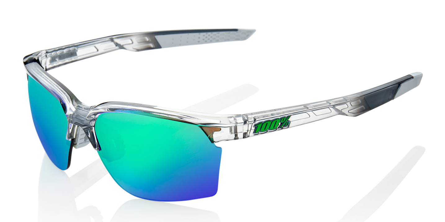 100% sportcoupe sunglasses in transluscent crystal with green blue mirror lenses