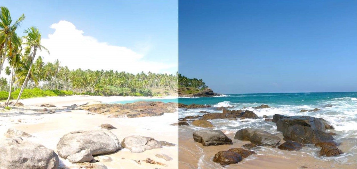 example of vision of beach through polarized sunglasses and non polarized sunglasses