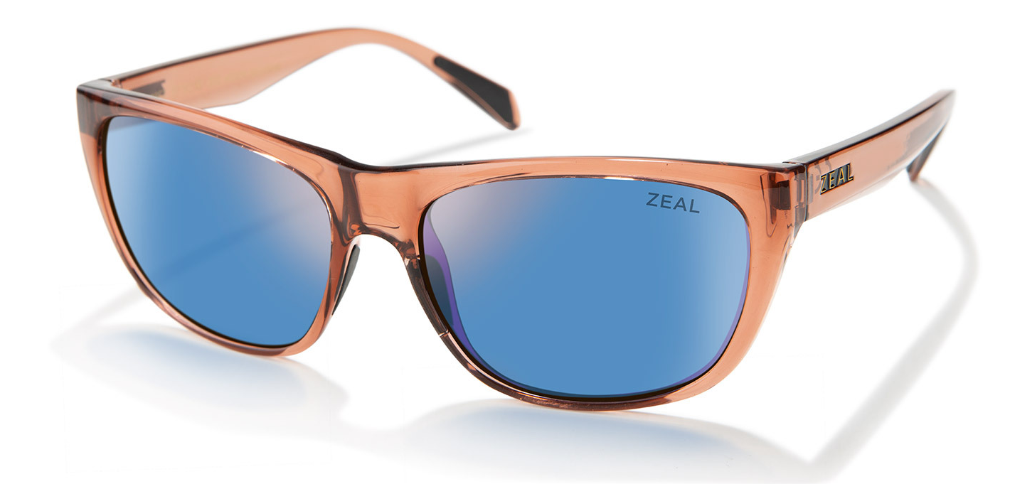 zeal quandary in beige with blue lenses on best women's prescription fishing sunglasses list