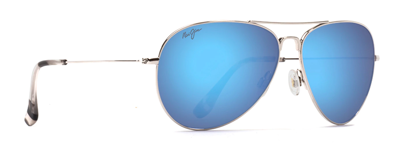 mirrored aviator sunglasses maui jim mavericks in silver with blue mirrored lenses