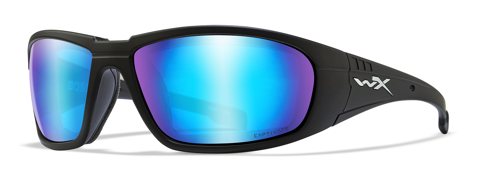 wiley x boss fishing sunglasses for big heads in black with blue mirror lenses