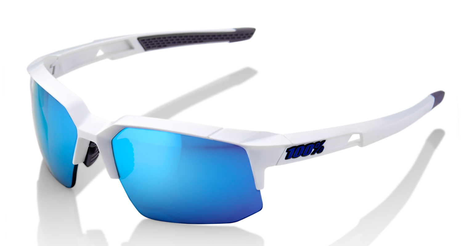 1st frame in best mens prescription sunglasses the 100% speedcoupe in matte white with blue mirror lenses