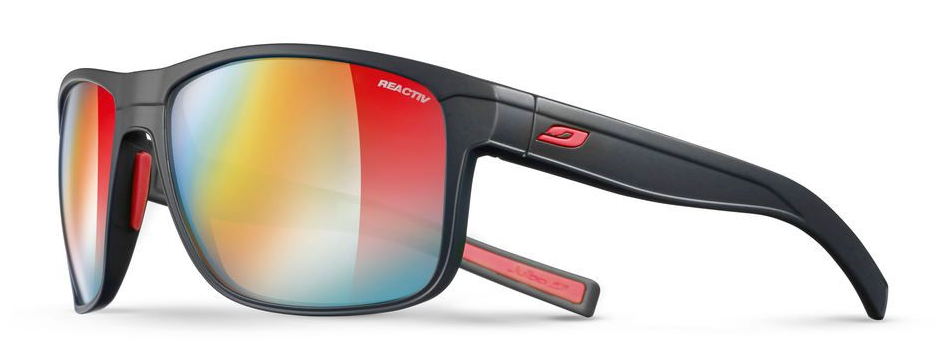 julbo renegade mens hiking sunglasses in black and red with red blue yellow zebra lenses