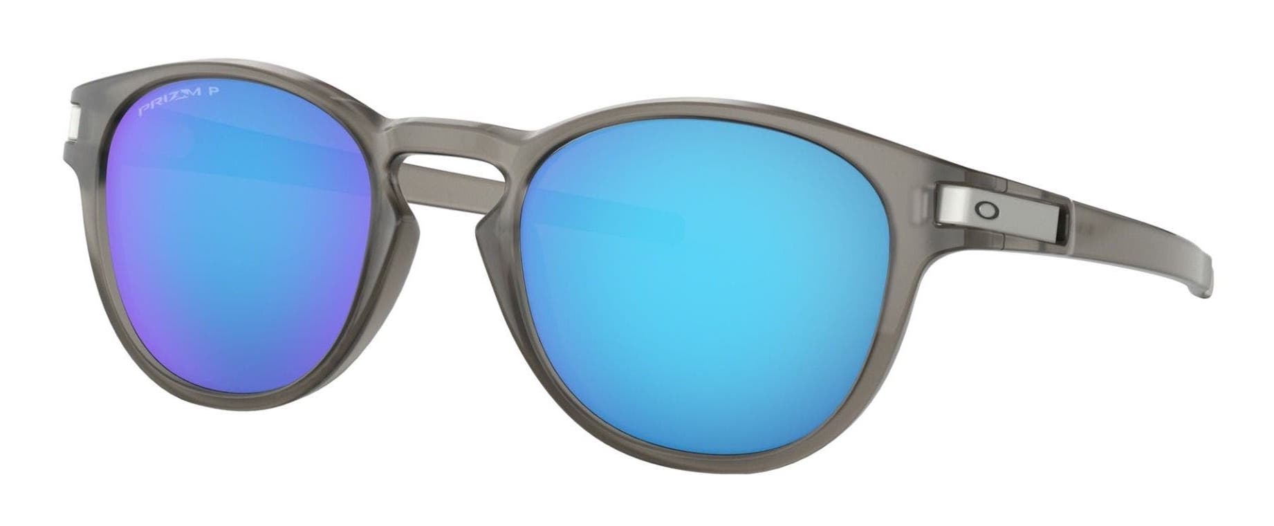 oakley latch polarized sunglasses in matte grey with blue mirror prizm polarized lenses