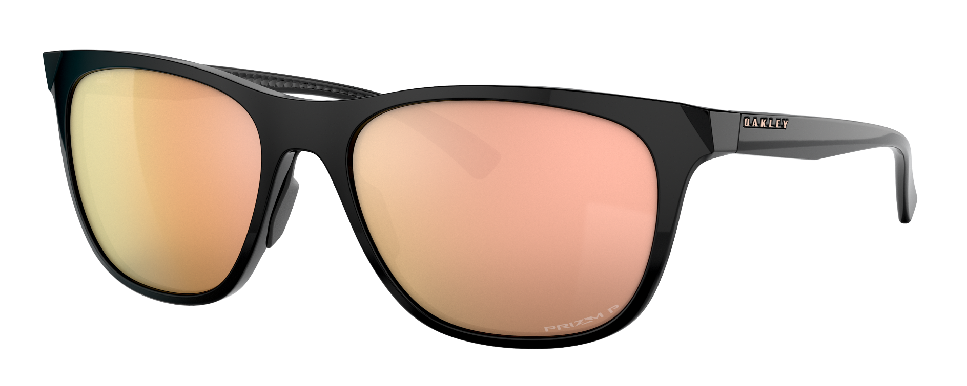 last frame in best womens oakley polarized sunglasses featuring the oakley leadline in polished black with prizm rose gold polarized lenses