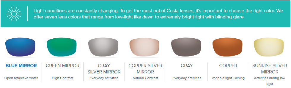 costa lens colors that are available in their polarized sunglasses. Picture chart off the 7 lens colors with overview descriptions. 