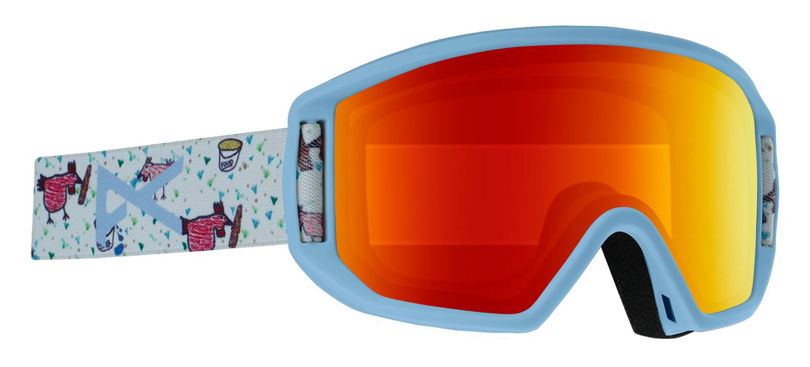 Anon Relapse Jr MFI kids snow goggle in blue with printed strap and red amber shield lens.