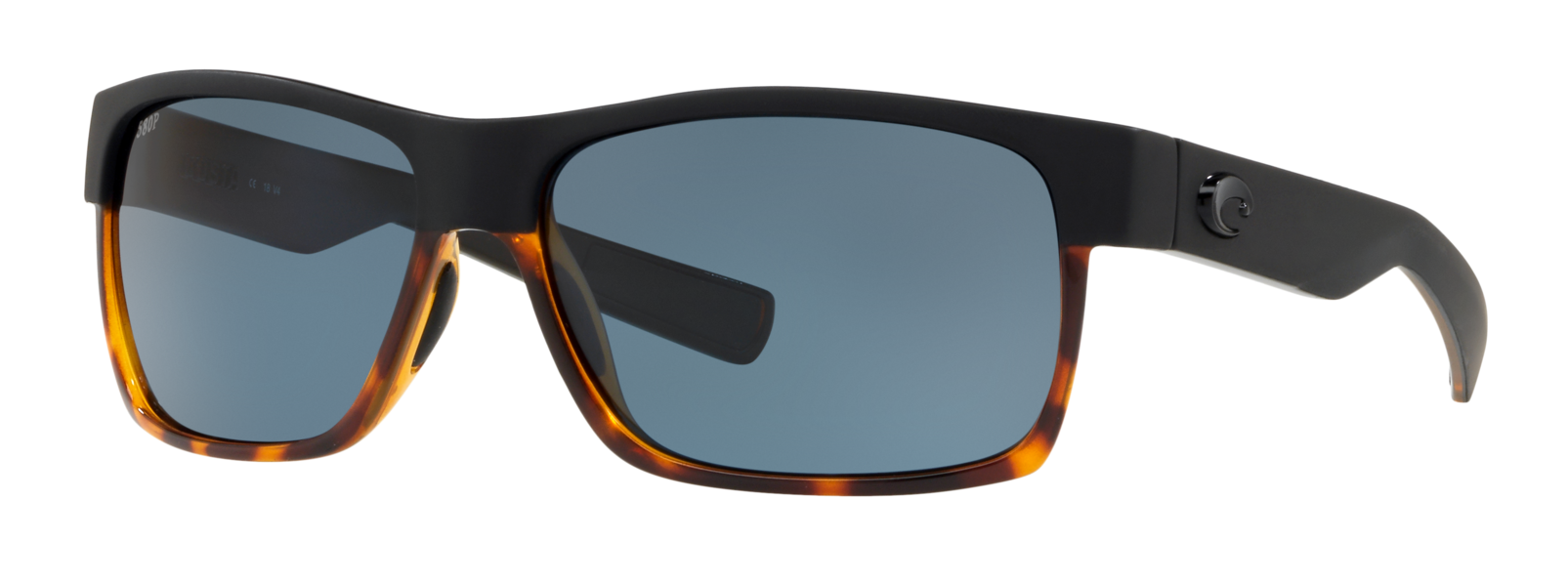 First frame in the best mens costa sunglasses lineup, the costa half moon. Full-rim frame in matte black and shiny tortoise with polarized grey lenses.