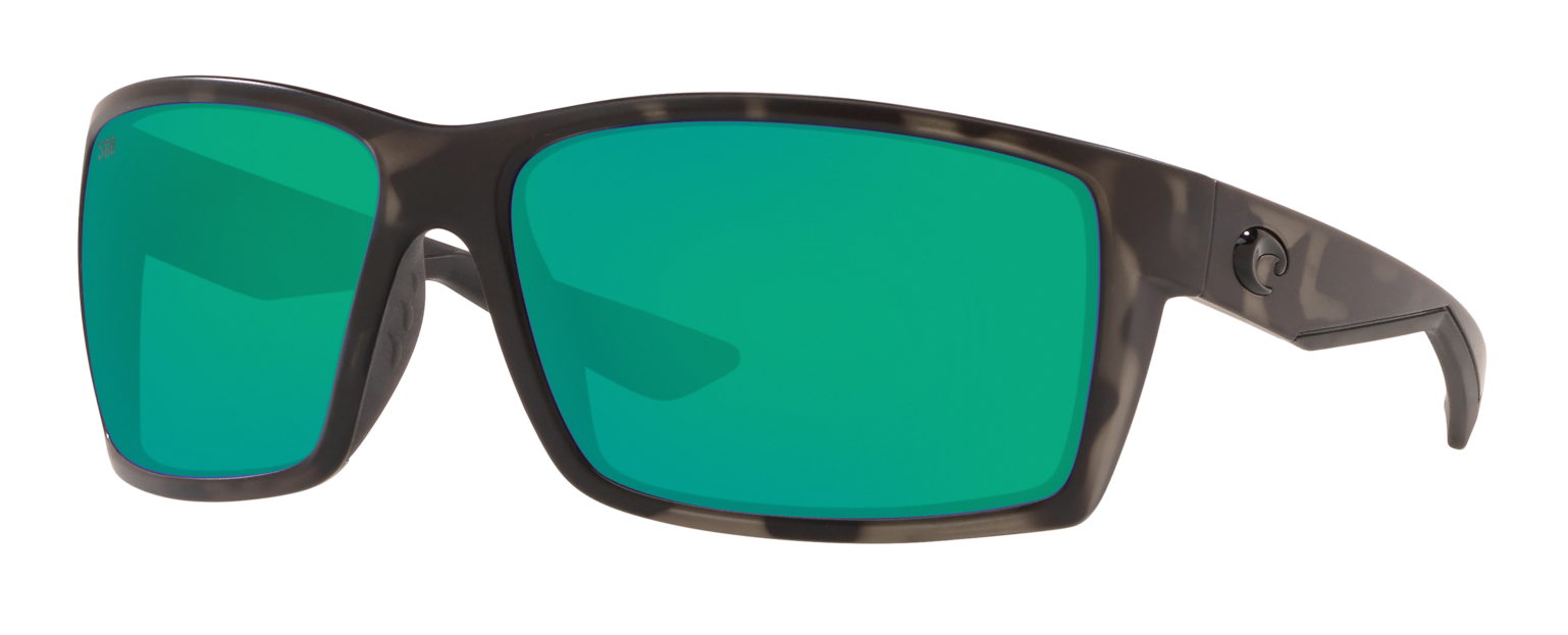 Costa Reefton sunglasses in matte grey tiger shark with green mirror polarized lenses.