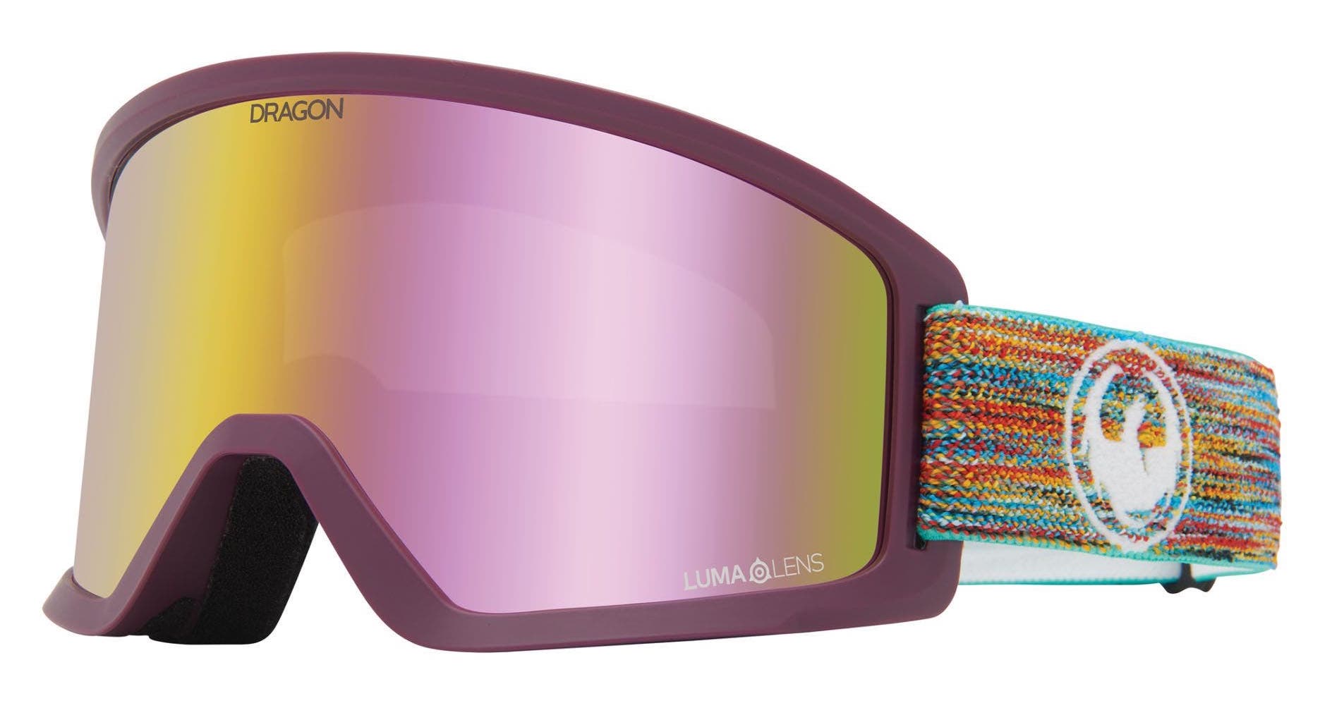 Dragon DX3 OTG snow goggle in striped multi-color strap with pink lumalens.