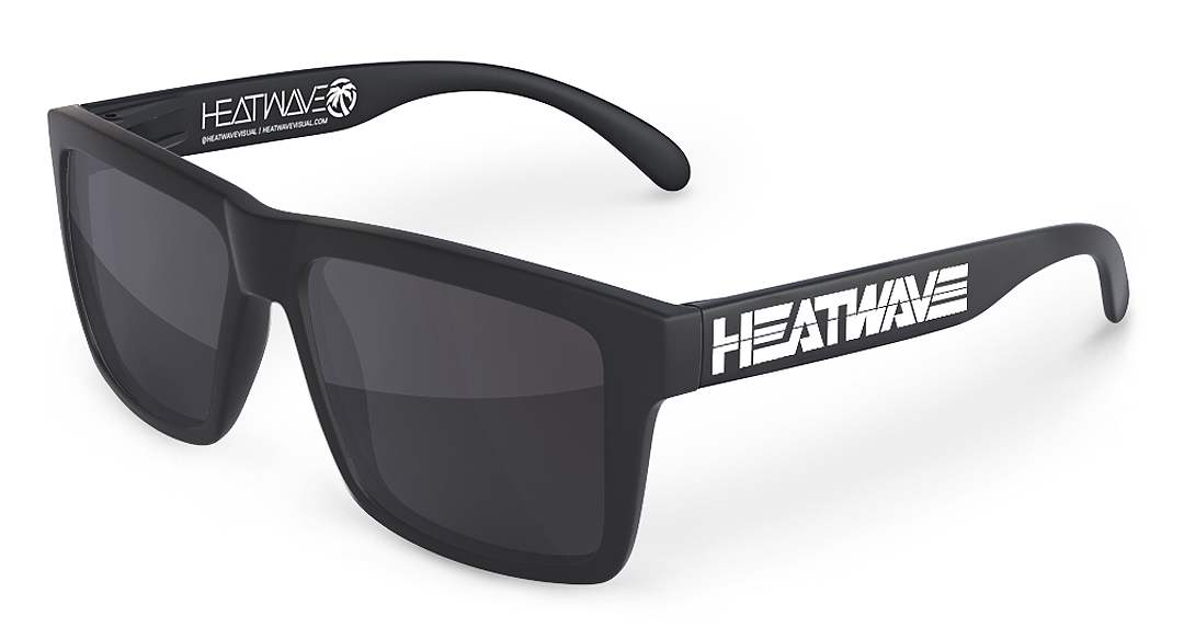 Heat Wave Vise sunglasses in black with heatwave white lettering on temples. Black lenses with prescription.