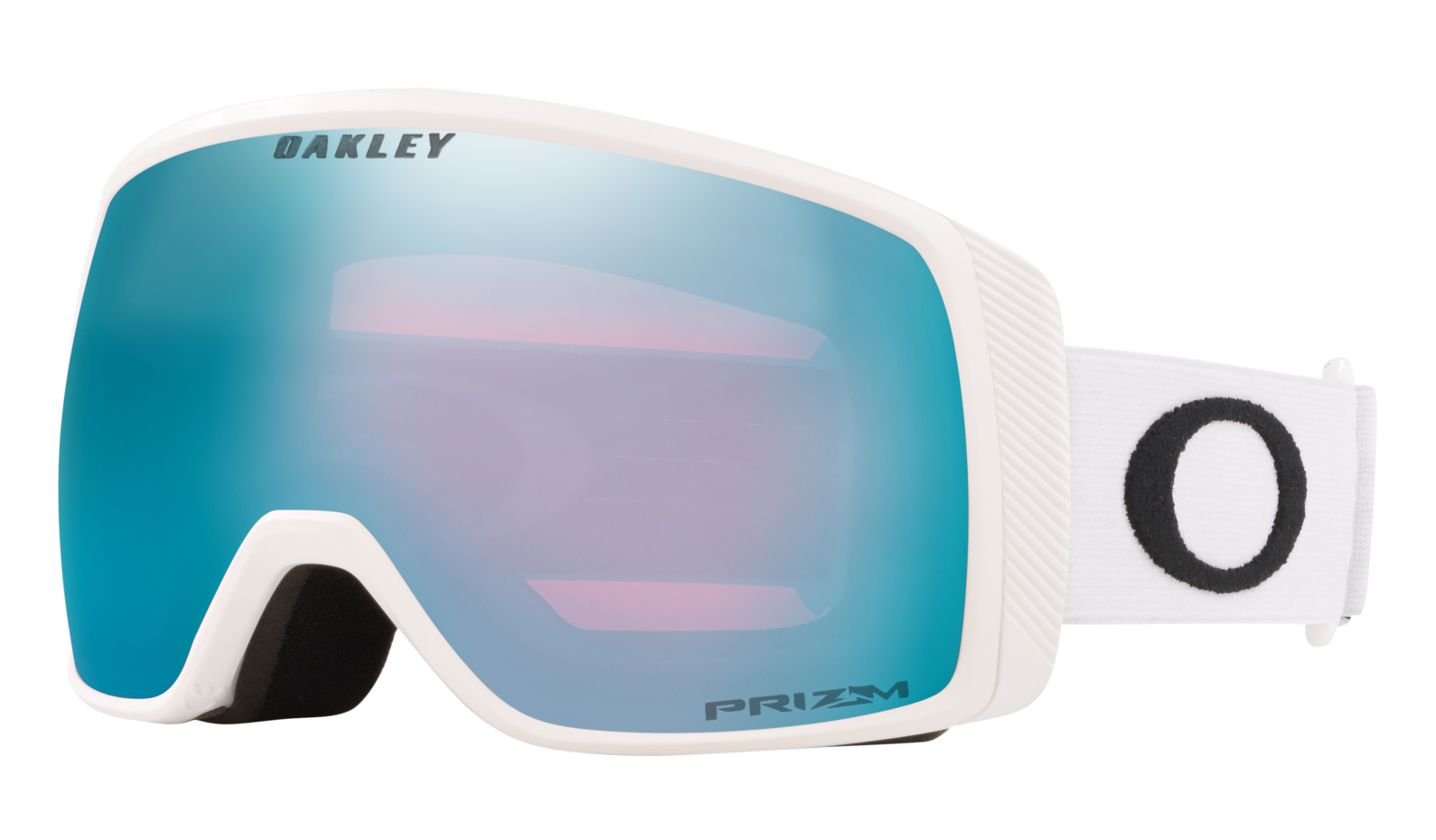 Oakley Flight Tracker S small snow goggle in white with blue prizm sapphire shield lens.