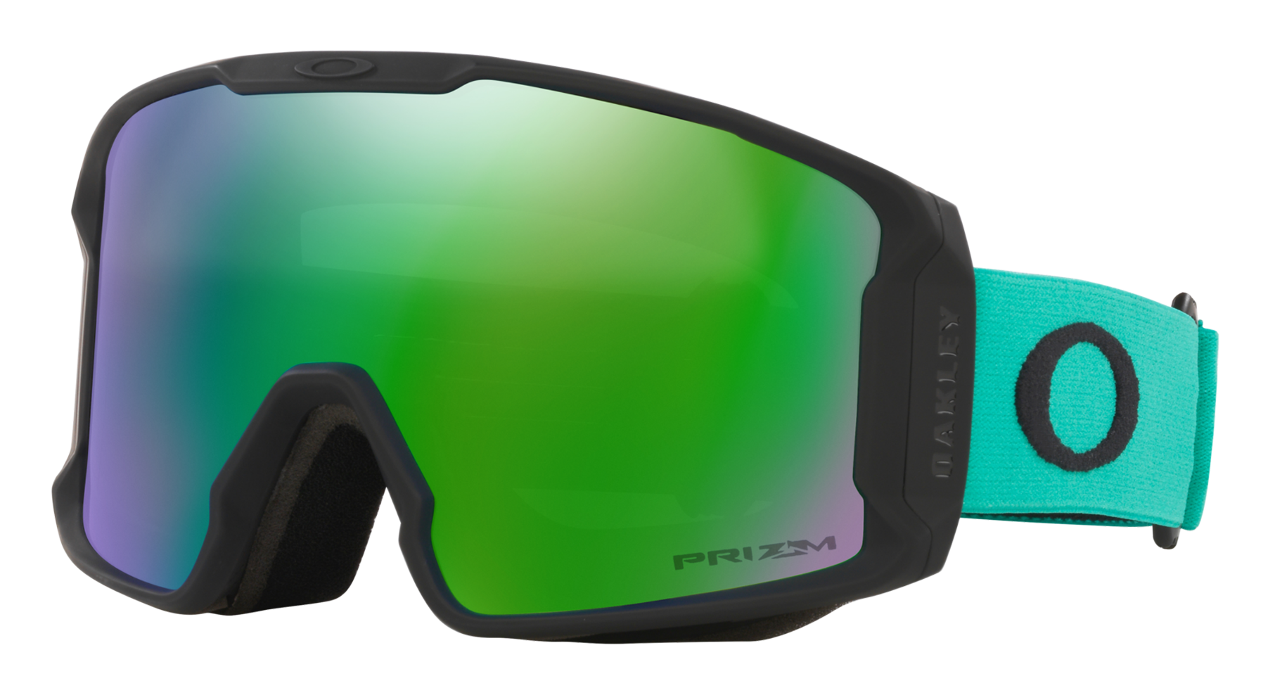 Oakley Line Miner M snow goggles under 150 in black with turquoise strap and PRIZM jade shield lens.