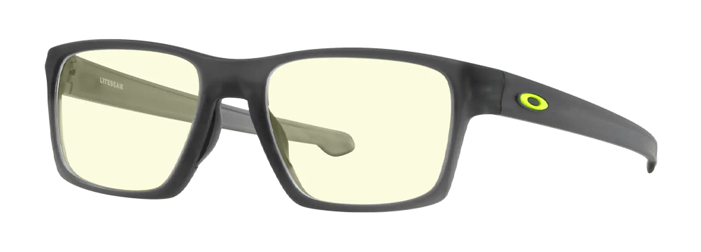 Oakley Litebeam gaming glasses in grey smoke with green Oakley logo on temples. Lenses are Oakley PRIZM Gaming blue light defense lenses.