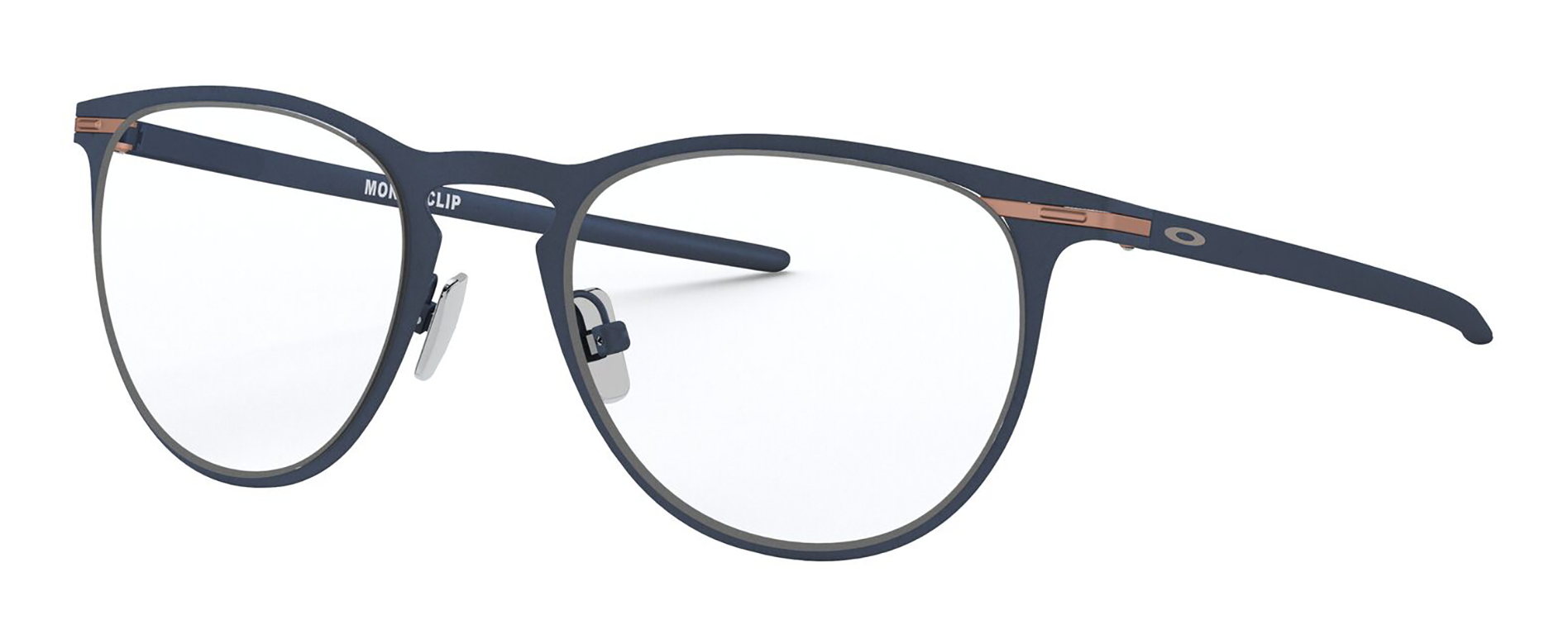 Oakley Money Clip men's eyeglasses in dark matte navy metal frame with round clear lenses.