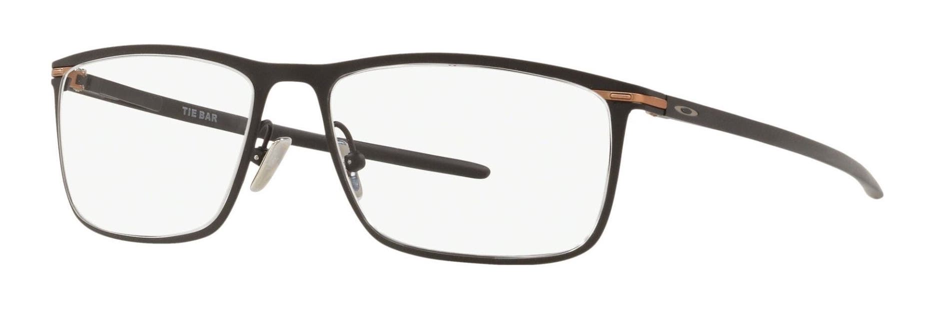 Oakley Tie Bar eyeglasses in satin black with clear rectangular lenses.
