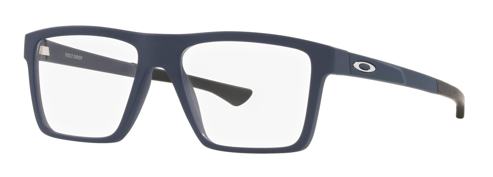 Oakley Volt Drop eyeglasses in satin blue nylon frame with clear square lenses.