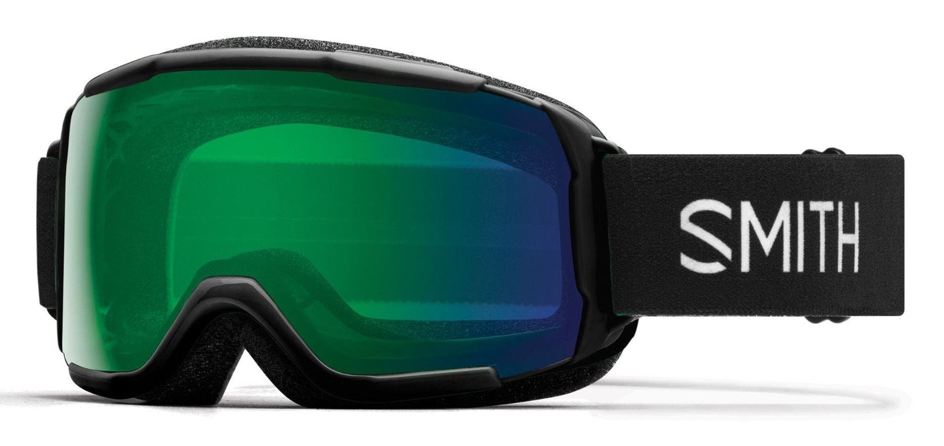 SMITH Grom kids ski snow goggles in black with green chromapop shield lens.