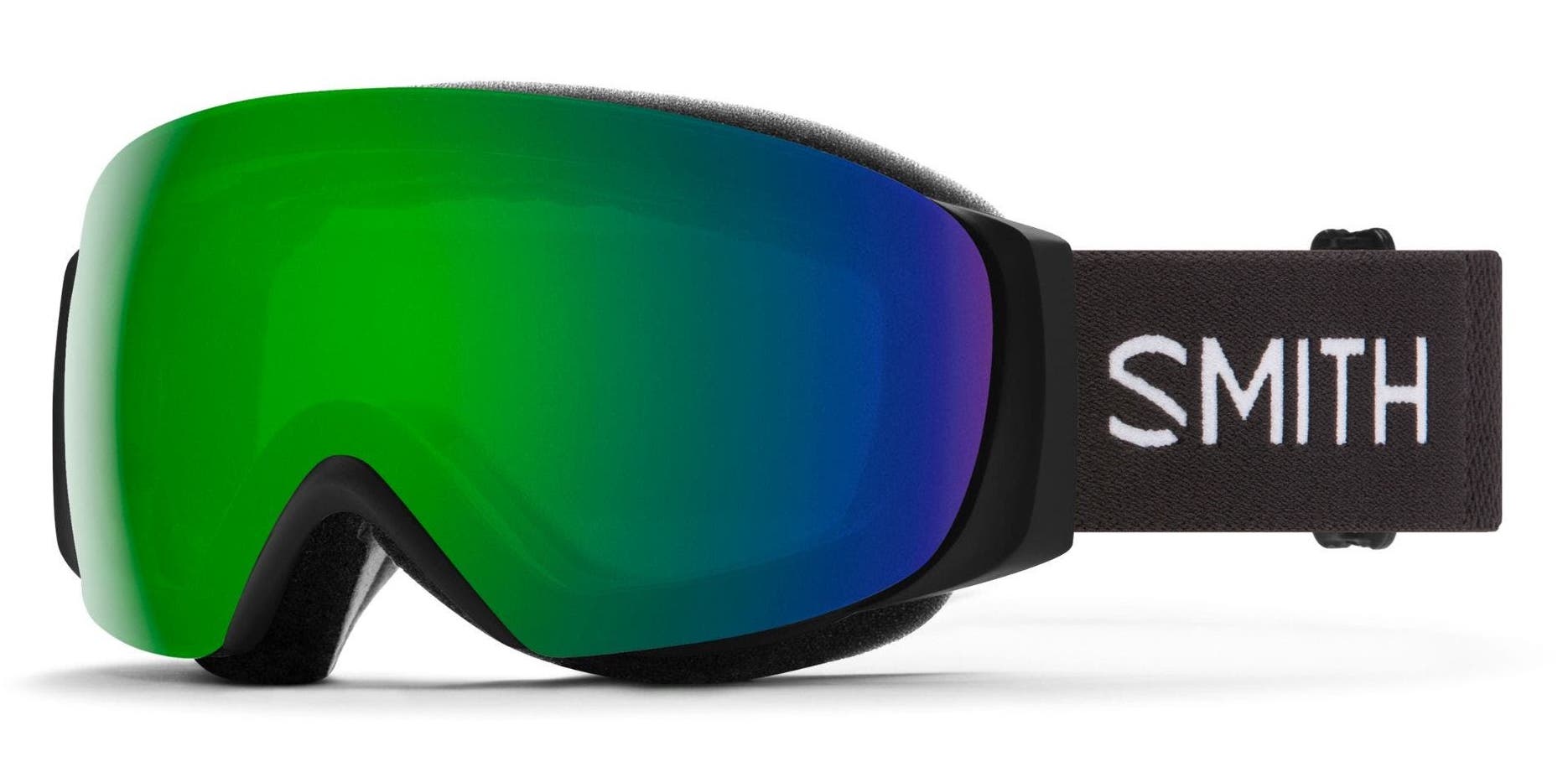 SMITH I/O MAG goggles for skiing and snowboarding. Black strap with white SMITH text and a green blue mirror shield lens.