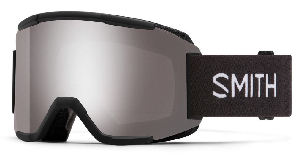 SMITH Squad snow goggles in black with ChromaPop platinum mirror shield lens.