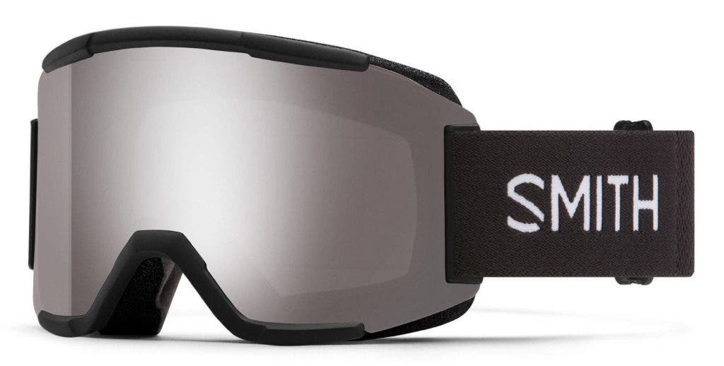 SMITH Squad snow goggles in black with ChromaPop platinum mirror shield lens.